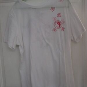 White and Red Short Sleeve Tee with Floral Accents